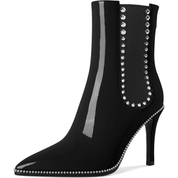 Women's Pointed Toe Ankle Boots Black High Heel Silver Beaded Back Zipper - Picture 1 of 6